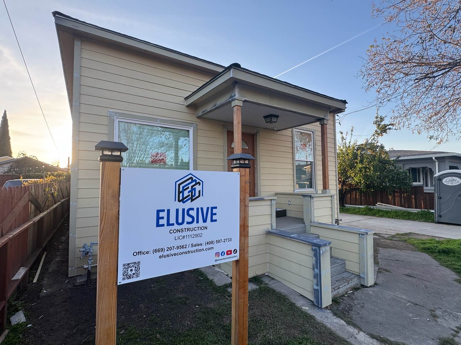 Completed ground-up home built by Elusive Construction in San Jose at golden hour